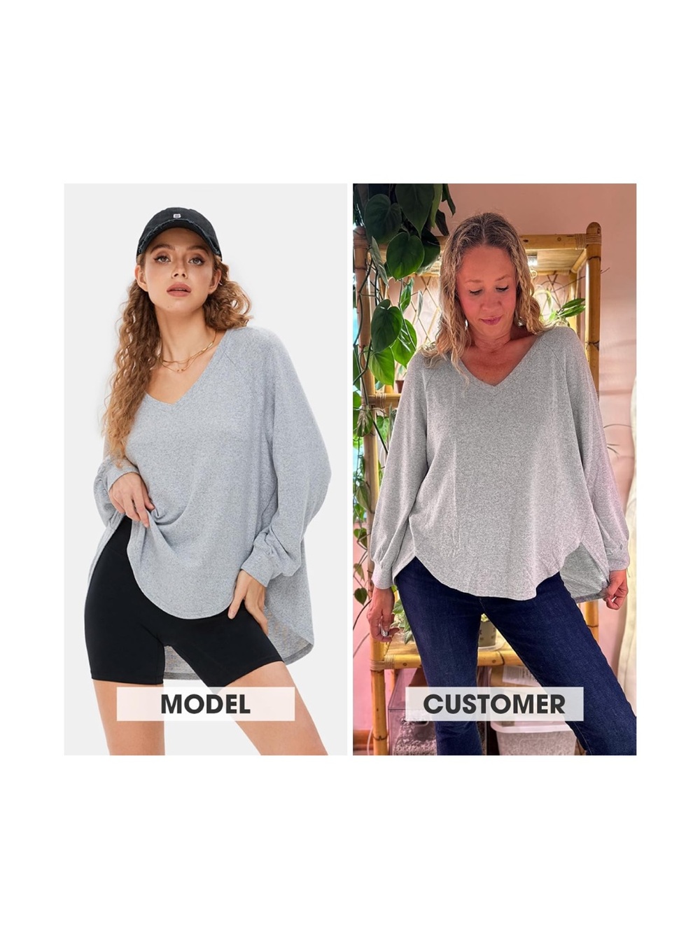 Light Gray V-Neck Long Sleeve Women's Top - Picture 2 of 7